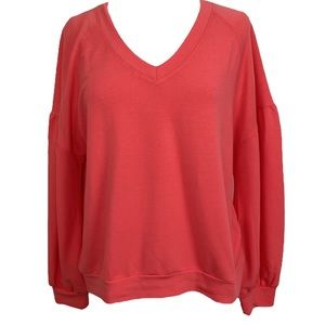 Coral V Neck Puff Sleeve Sweatshirt